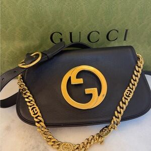 Gucci Blondie Small Shoulder Bag Black Leather GG Gold Hardware (both straps)